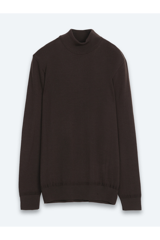 Brown Half Turtleneck Plain Knit Wool Blend Sweater