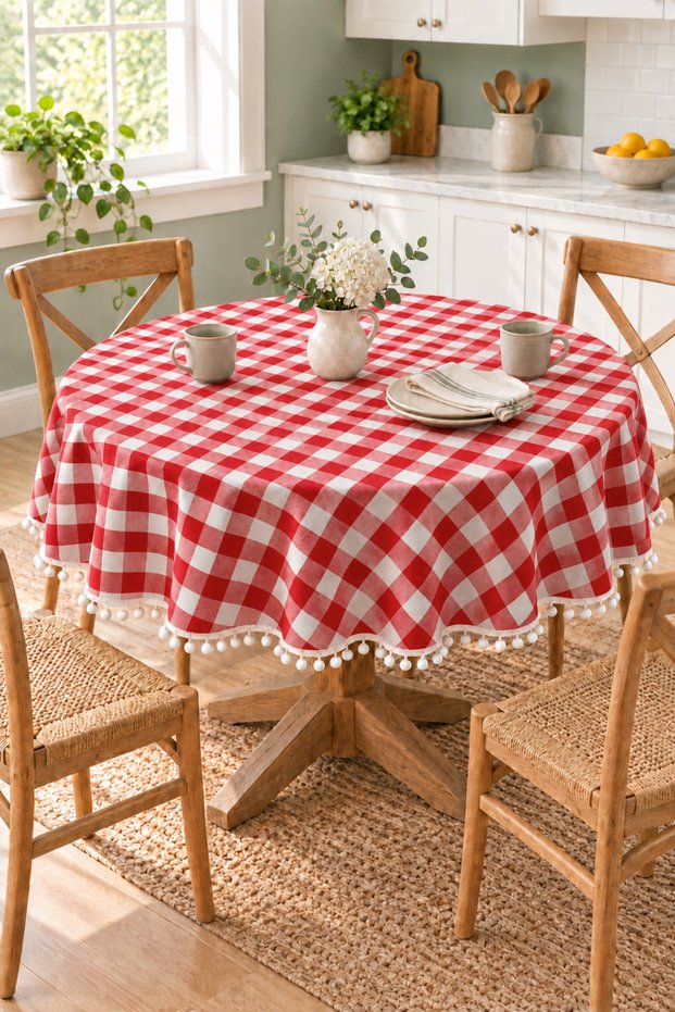 Round Tablecloth with Gingham Pattern and Pom-Pom Accents – Liquid-Resistant, Stain Resistant, Durable Duck Fabric, Various Size Options