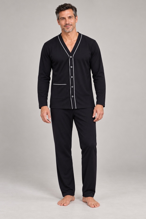 Men's Button-Front Pajama Set, 100% Cotton, Interlock, Long-Sleeved, Black