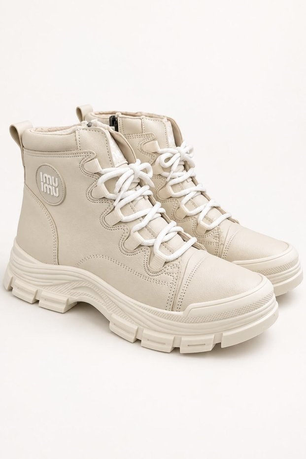 Cream-Colored Thick-Soled Lace-Up Boot, Plush