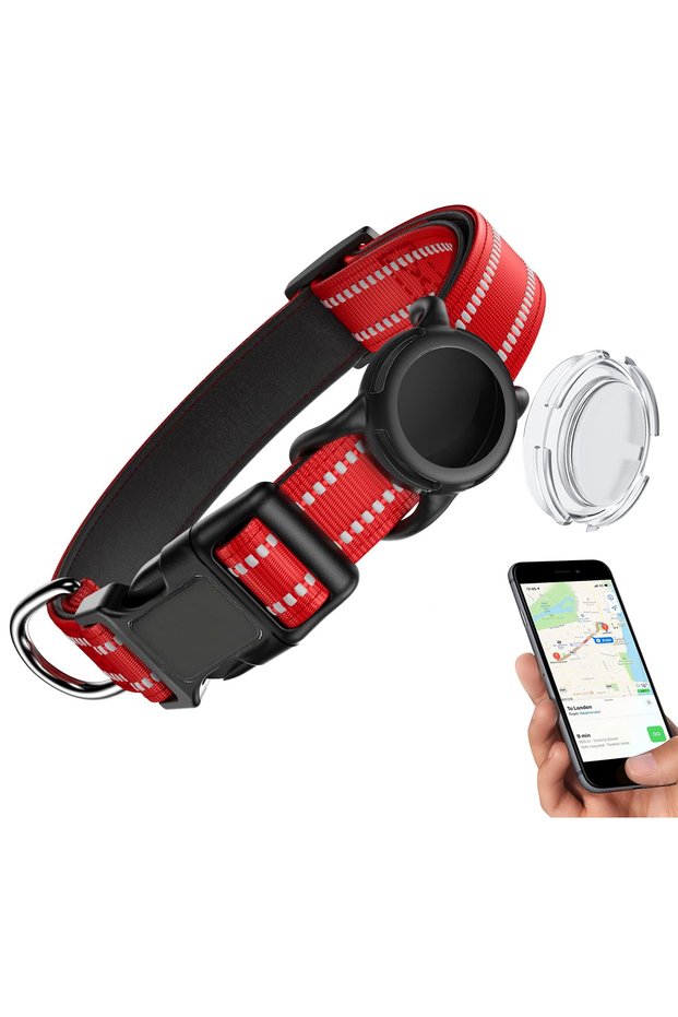 No AirTag-S(25-43cm) Red (No Tracker) Waterproof Air Tag Dog Collar with AirTag Holder, Reflective S