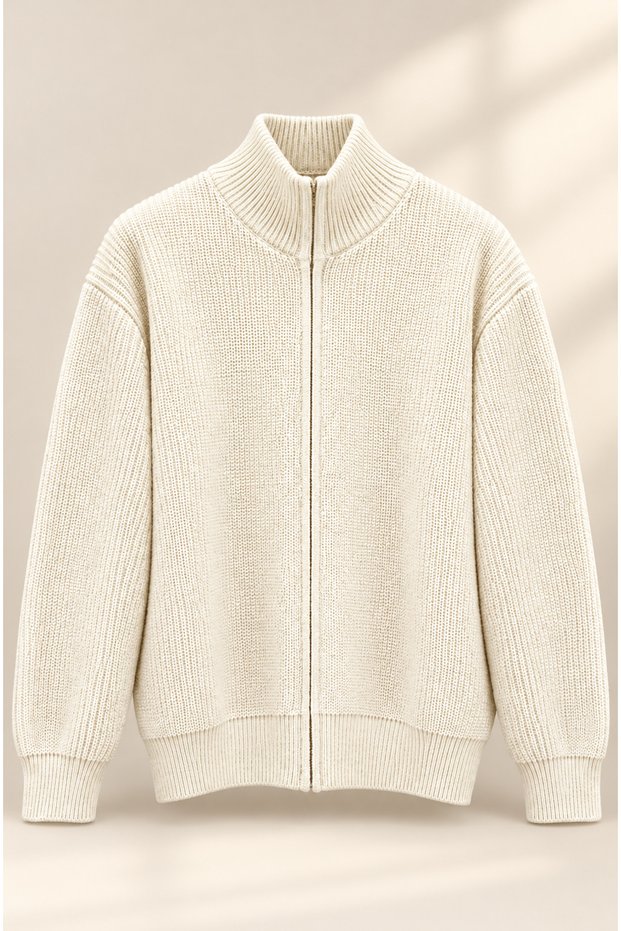 Men's / Women's Unisex Brioche Knit Cotton Mock Neck Zip-Up Knit Cardigan