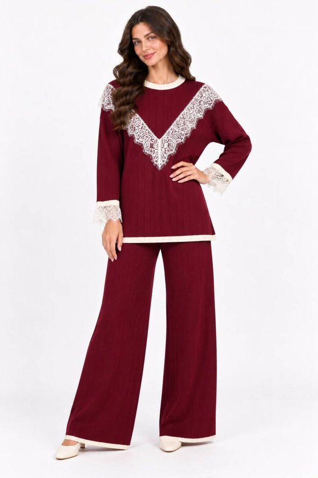 Women's Two-Piece Set with a Crew Neck Featuring Lace Details on the Front and Sleeve Ends, Paired with Corded Fabric Knit Pants