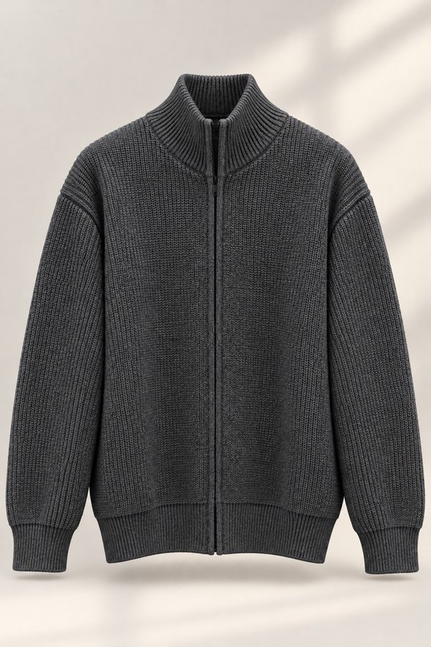 Men's / Women's Unisex Brioche Knit Cotton Mock Neck Zip-Up Knit Cardigan