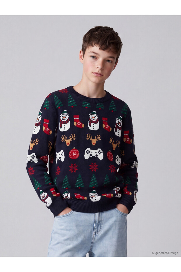 Peak New Season Navy Blue New Year's-Themed Boys' Knit Sweater