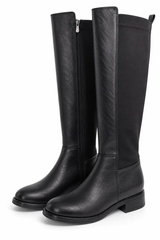 Black Stretch Boots with Zipper, Round Toe