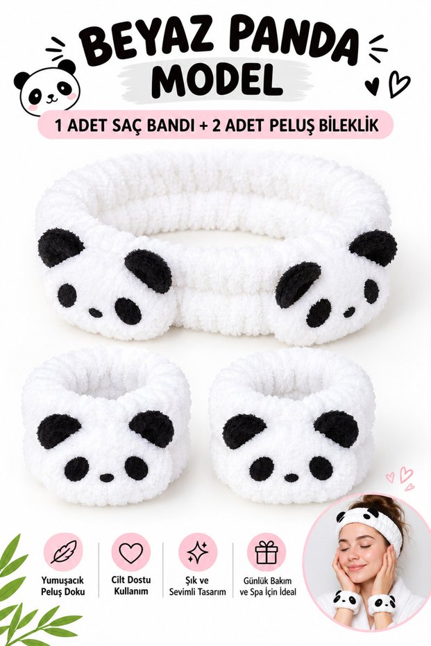PANDA Plush Bandana with Figure and Arm Sleeves—Makeup, Spa, and Hair Band—3-Piece Set