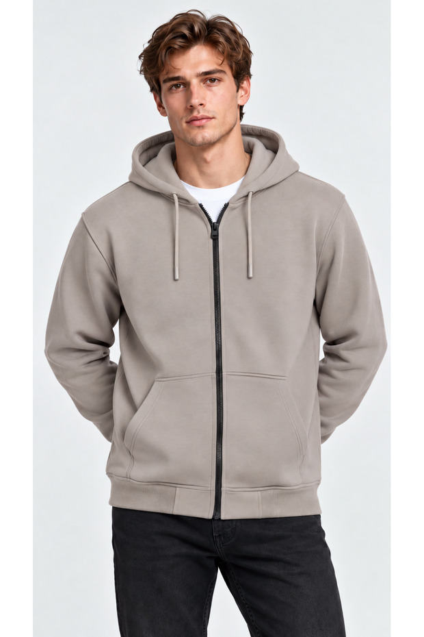 Men's Stone-Colored Hooded Full-Zip 3-Ply Winter Sweatshirt with Zippered Pockets