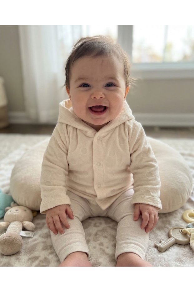 100% Cotton JACQUARD HOODED VELVET CARDIGAN 3 Months, 6 Months, 9 Months Cream Solid