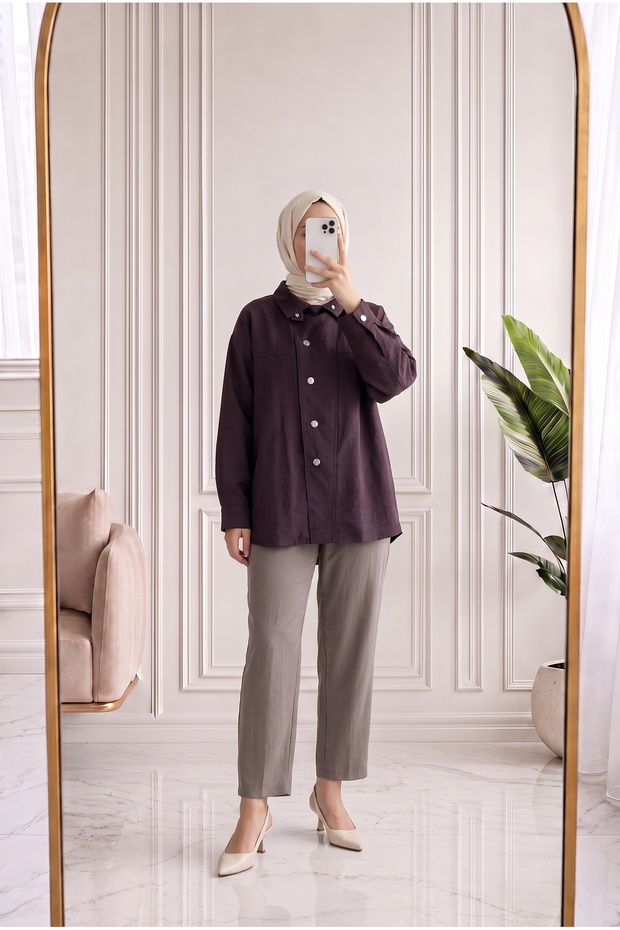 Elora Front with Yoke Detail, Snap-Fastened Cupra Jacket - NA939 Plum