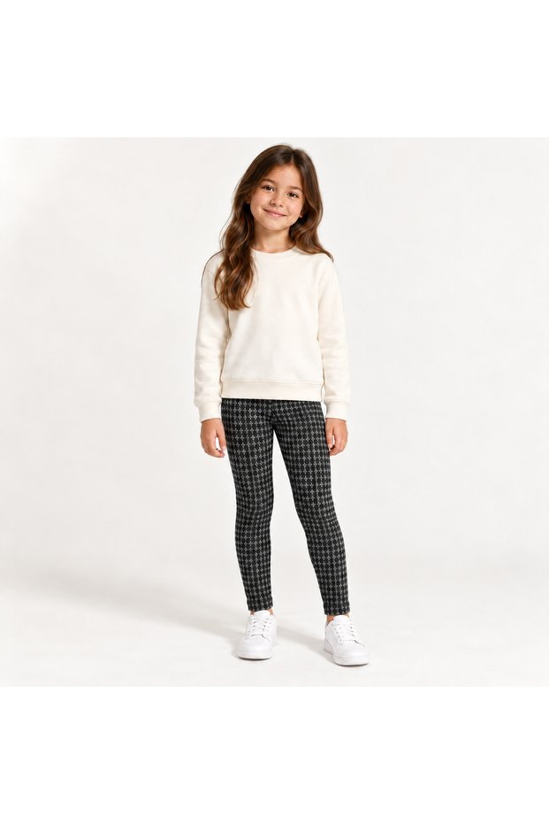Girls' Winter Heat-Retaining Jacquard Leggings with Small Patterns - Black
