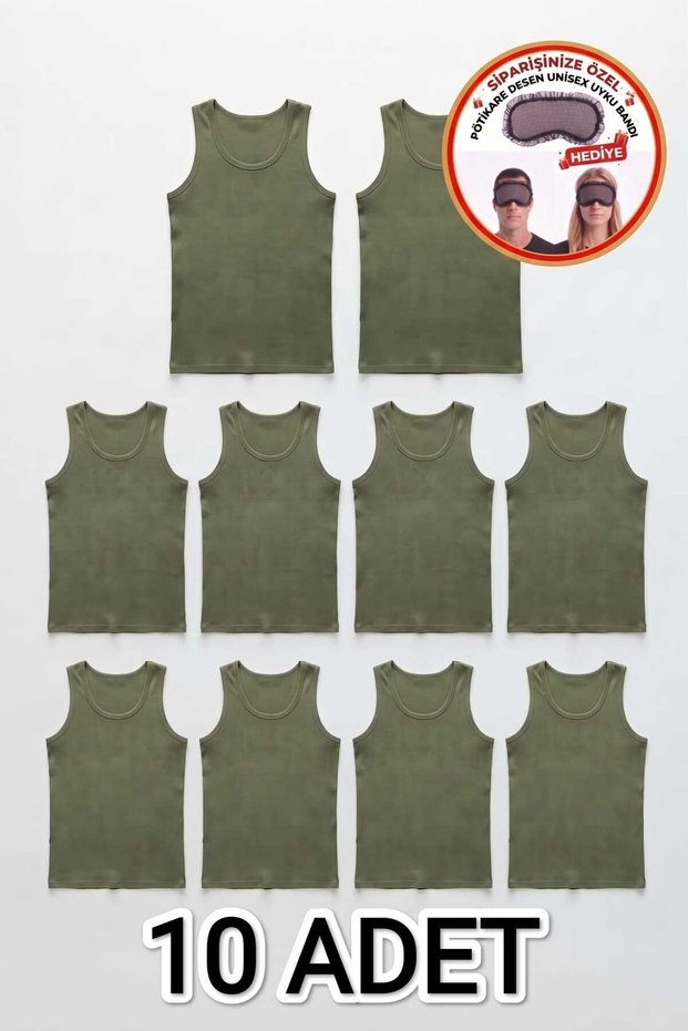 10-Pack Khaki Green 100% Cotton Jersey Classic Men's Tank Top - Gingham Pattern, Comes with a Free Unisex Band