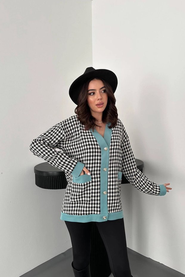 Women's Black Satin-Paneled Houndstooth-Patterned Cardigan