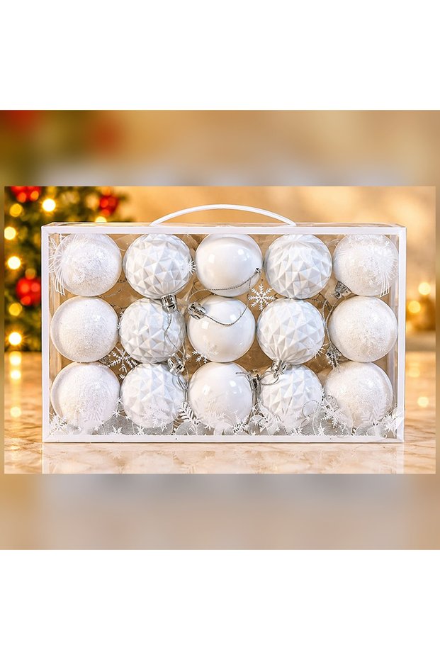 White, Glittery, and Patterned Christmas Tree Ornaments, Set of 15, Box 24x14 cm
