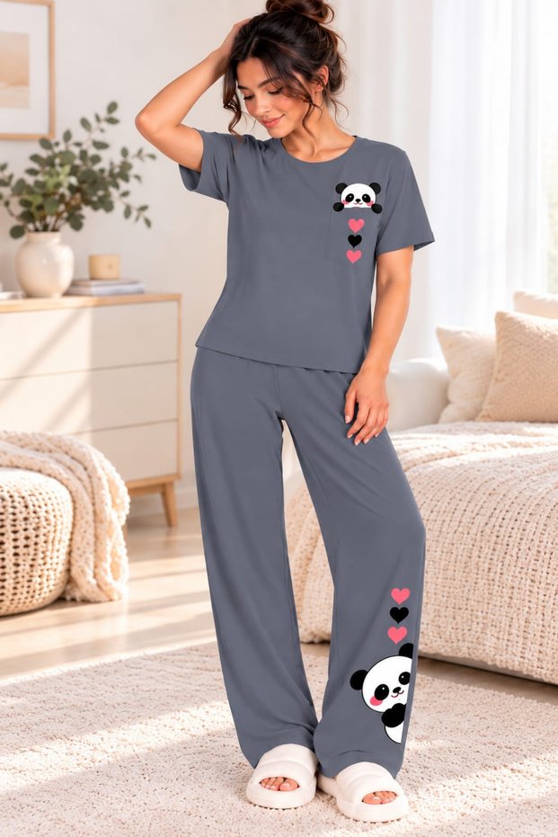 Women's Short-Sleeved Cotton Pajama Set with Panda Print