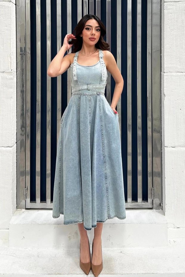 Women's Snow-White, Machine-Washable, Strapped, Cotton Midi Length Denim Dress