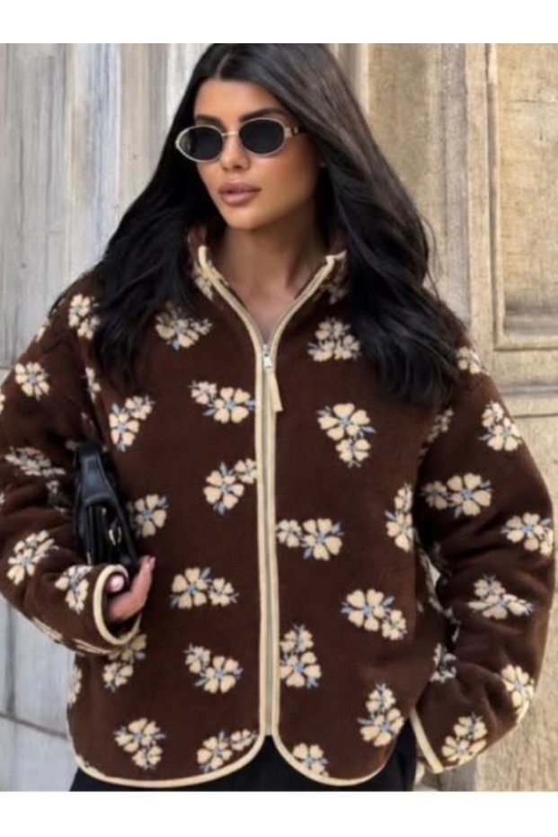 Women's Floral Print Zipper-Front Plush Jacket with Mock Neck and Relaxed Fit