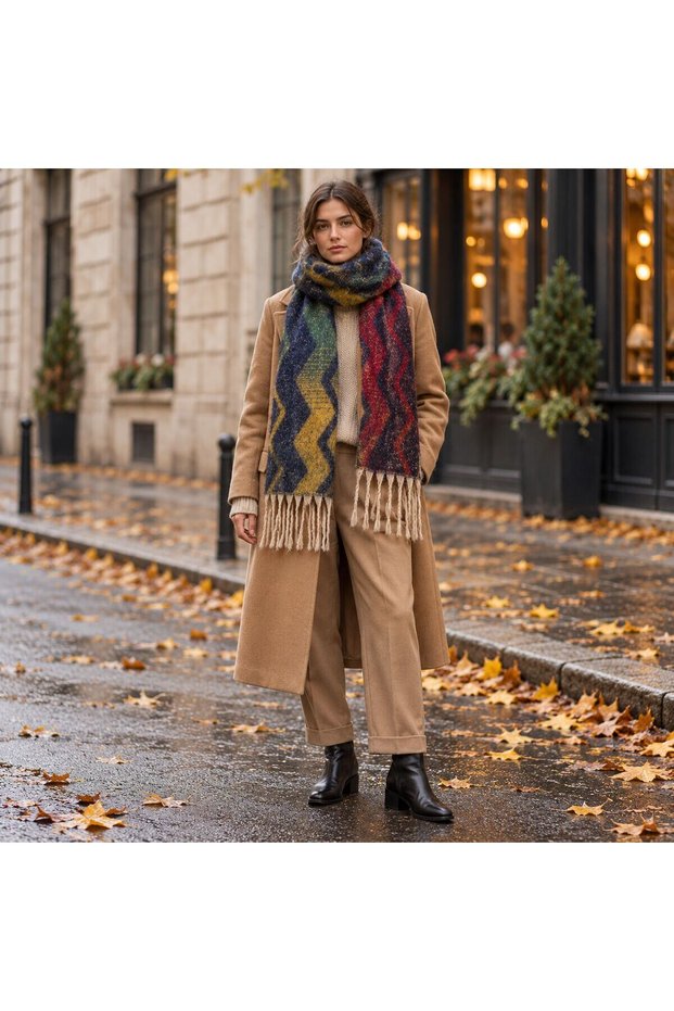 FLR-5034 Thick Winter Scarf with Multicolored Zigzag Patterned Design | Eos Collective