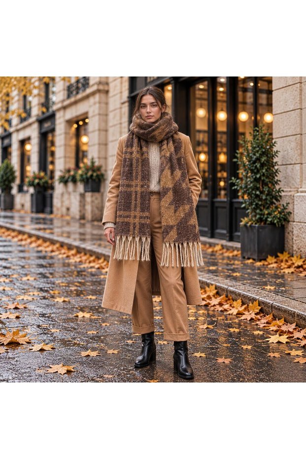 FLR-5033 Coffee-Taupe Color Mink Houndstooth and Plaid Double-Patterned Thick Winter Scarf | Eos Collective