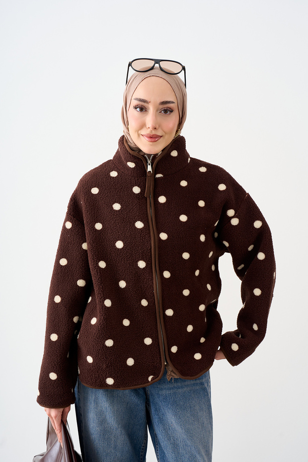 Women's Polka Dot Patterned Zip-Up Fleece-Lined Jacket, Brown