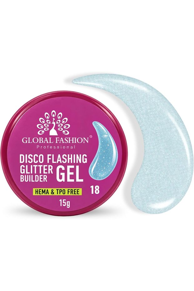Global Fashion Disco Flashing Glitter Builder Gel 15g, Shade 18 - Reflective Glitter Nail Extension Builder, Thick Self Levelling UV LED Sculpting Gel for Overlays and Nail Art