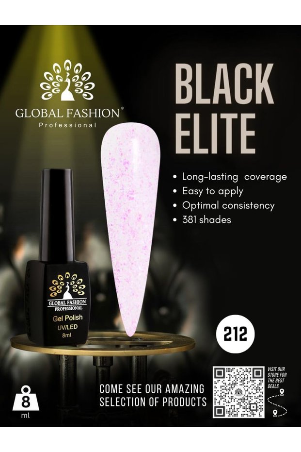 Black Elite Gel Nail Polish 212 Purple Flake Glitter, 8ml - Soak Off UV LED Gel Polish, Long-Lasting Sparkling Glitter Colour for Salon and Home Manicure