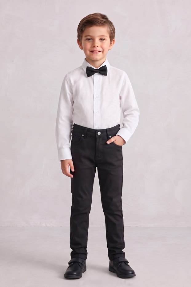 Boy's White Long-Sleeve Shirt, Black Pants, Black Bow Tie—November 10 and April 23 Formal Attire