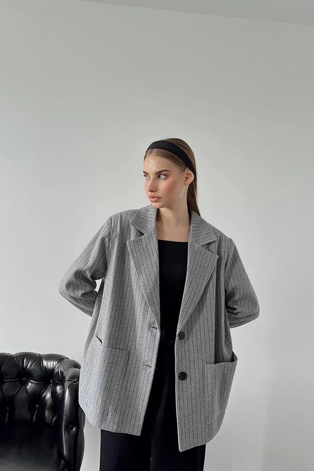 Women's Gray Viscose Blend Striped Oversized Jacket