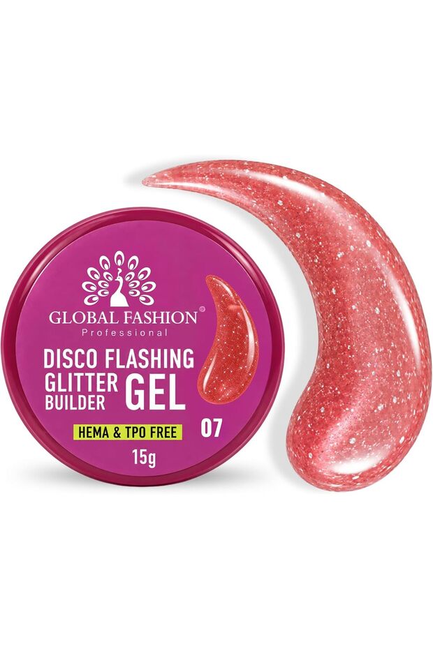 Global Fashion Disco Flashing Glitter Builder Gel 15g, Shade 07 - Reflective Glitter Nail Extension Builder, Thick Self Levelling UV LED Sculpting Gel for Overlays and Nail Art