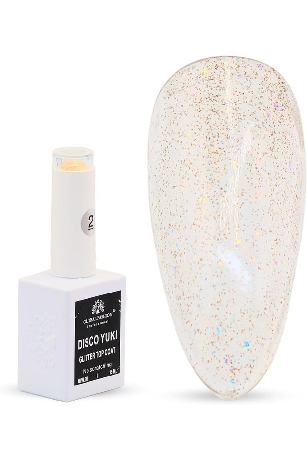 Disco Yuki Crystal Diamond Glow Top Coat, UV/LED Gel Polish, Long-Lasting No Wipe Glitter Finish, Chip-Resistant, 15ml Nail Shine for Natural & Acrylic Nails (2: Champagne Gold Glitter, 15ml)