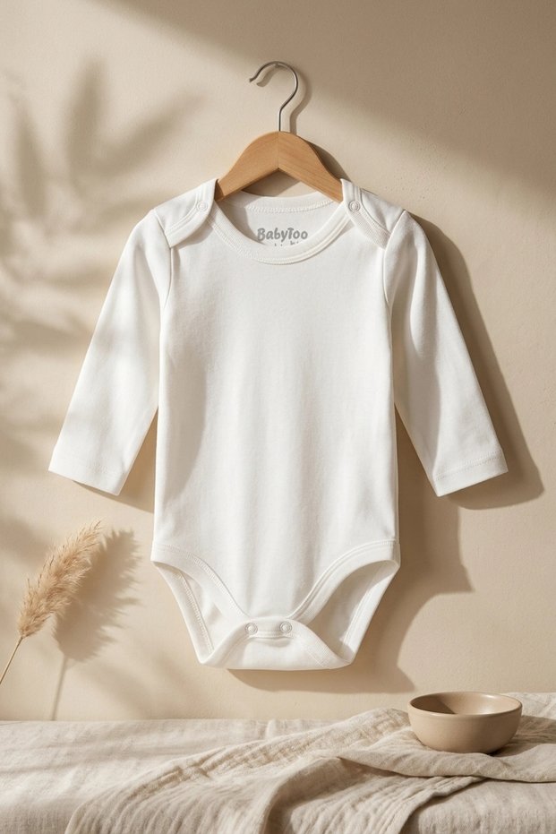100% Natural Cotton Long-Sleeved Baby Bodysuit - Plain, No-Pattern, Soft, Non-Irritating Fabric