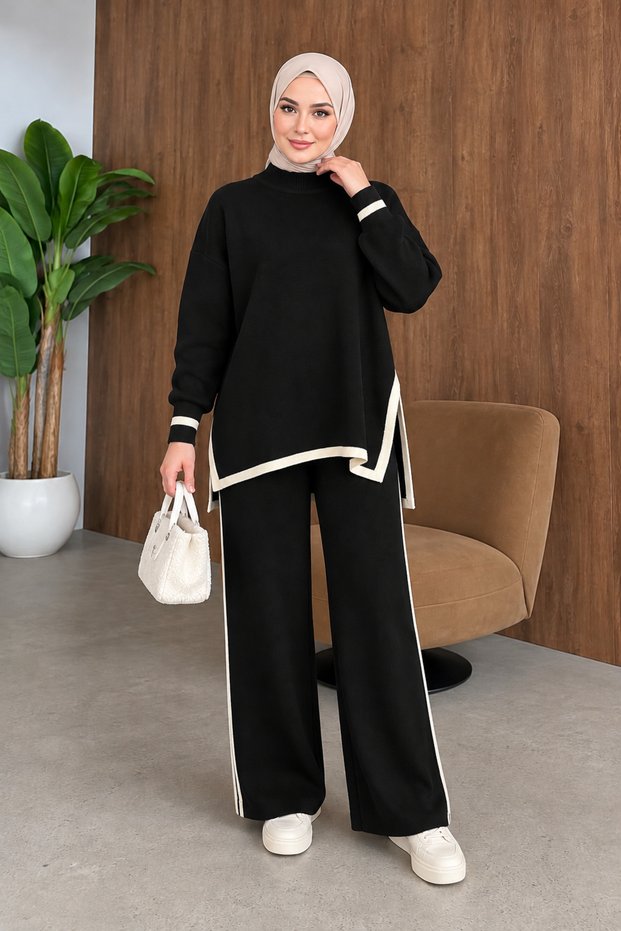 Women's striped knit two-piece set (top and bottom)