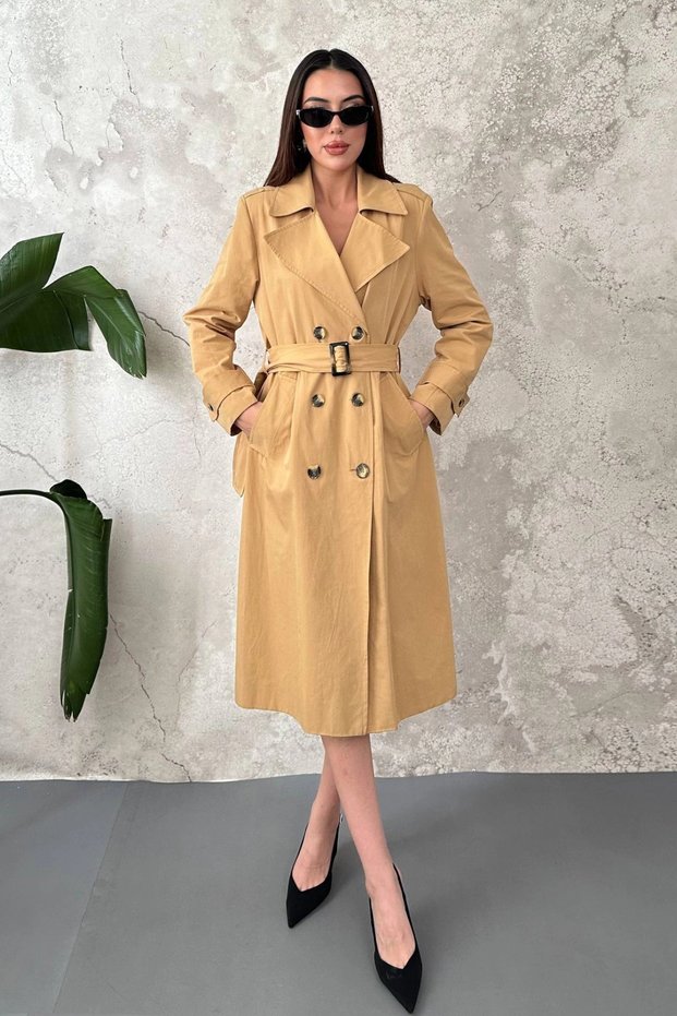 Women's Camel Long-Belted Trench Coat