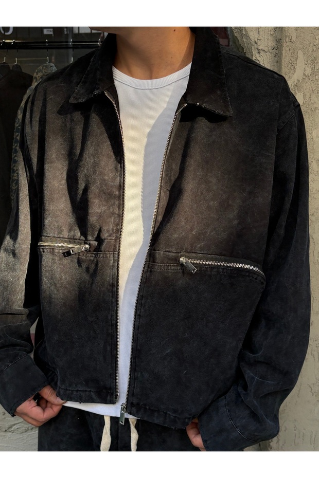 Black Jacket with Zippered Pockets, Washed Finish