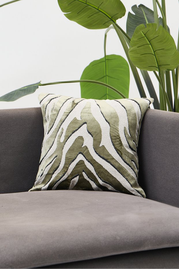 Modern Decorative Cushion Cover with an Olive Green, Off-White, Wavy Pattern and Velvet-Textured Design