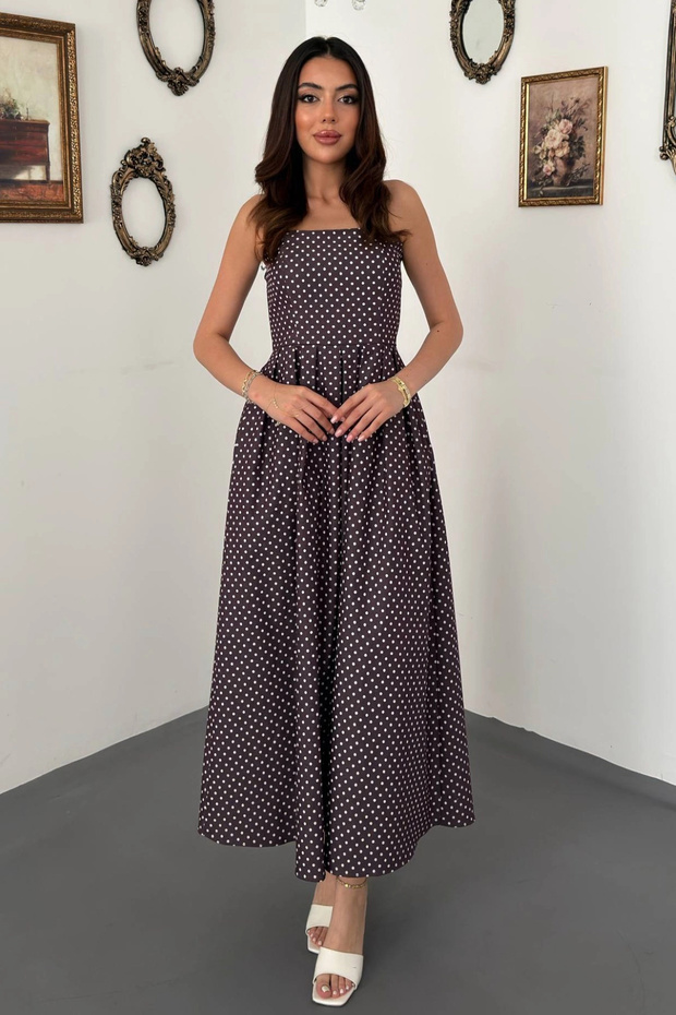 Women's Plum Polka Dot Pleated Lined Cotton Denim Dress