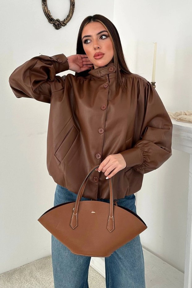 Women's Brown Leather-Look Jacket with Buttons