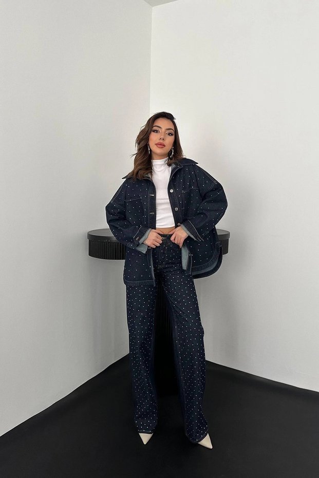 Women's Cotton Denim Shirt and Pants Set with Blue Stones