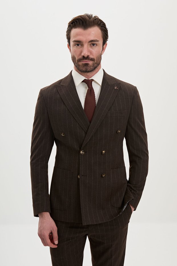 Striped Slim Fit Wrap Neckline Double-Breasted Wool Men’s Suit, Brown - 45492.26K