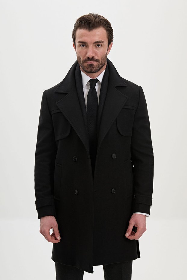 Straight Slim Fit, Wide-Wrap Neckline, Double-Breasted, Belted Wool Men's Cashmere Melton Coat, Black - 21347.26K