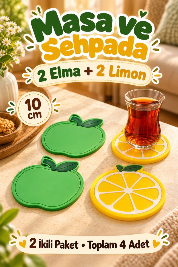 Set of 4 Apple and Lemon-Patterned Coasters, 10 cm, for Coffee and Tea Cups—Colorful Tableware Accessories