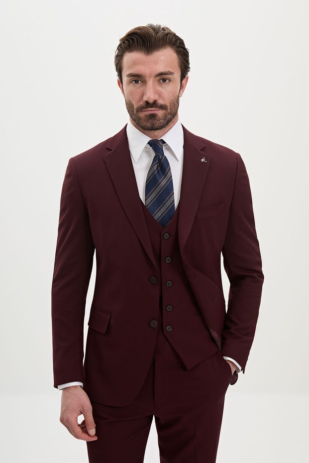 Straight Slim Fit Classic Men’s Suit with a Notched Collar, Burgundy - 45494.26K