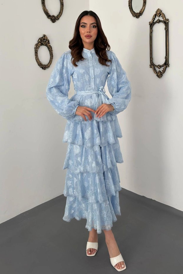 Women's Baby Blue Striped, Lined, Ruffled Long Dress