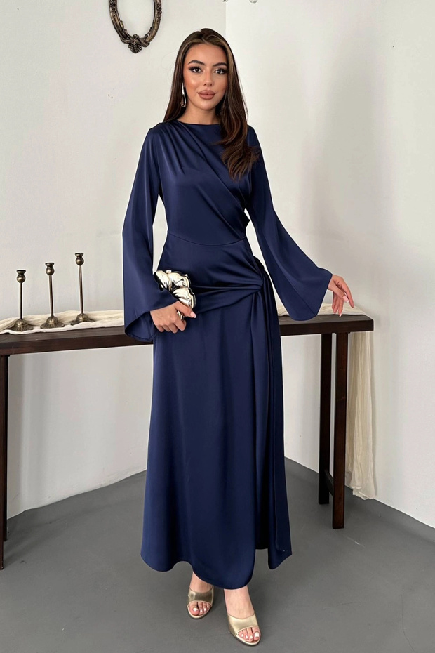 Women's Navy Blue Drapey Side-Tie Satin Dress