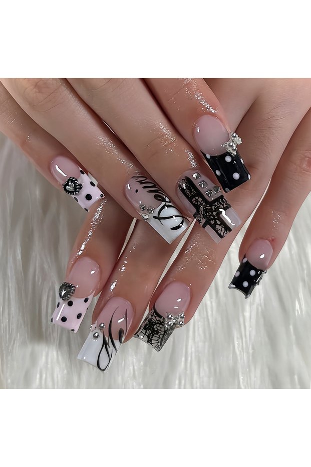 Style 2 24Pcs French Square Press On Nails Dark Style Matte Finish Press On Nails Artificial Manicur
