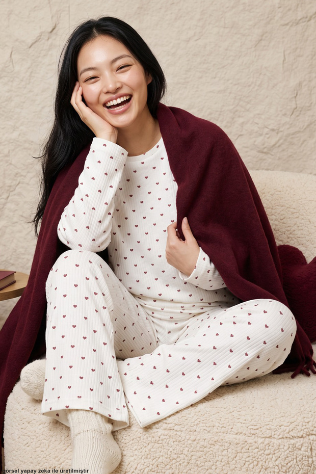 Burgundy-Patterned, Soft-Textured, Winter-Weight, Corded Fabric Knit Pajama Set 8100