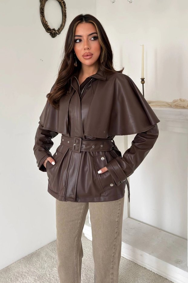 Women's Brown Lined Leather-Look Jacket with a Cape
