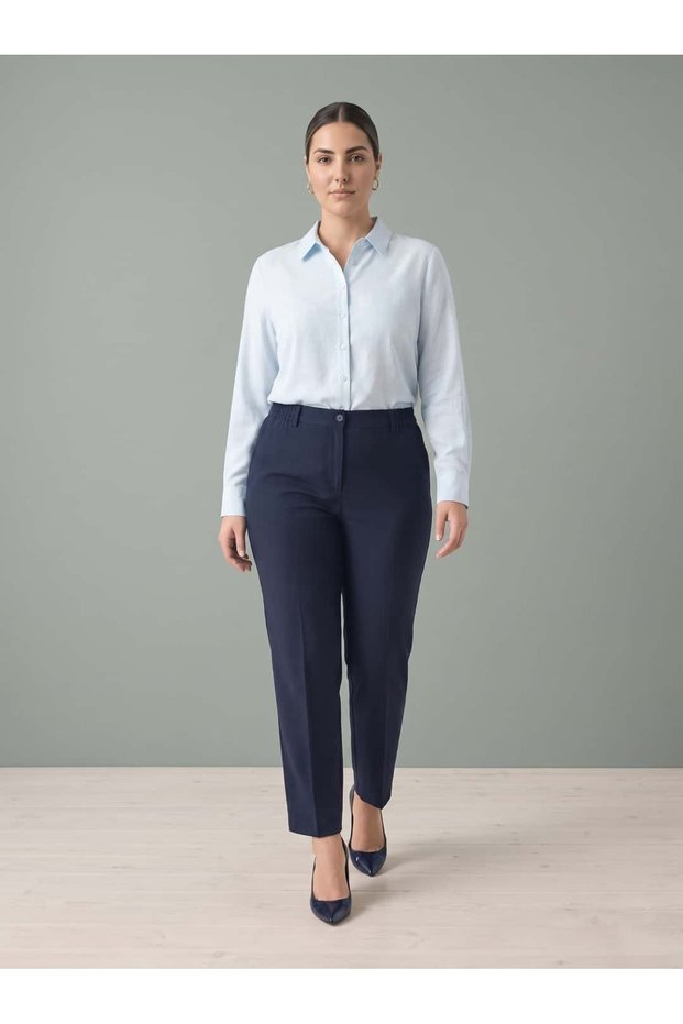 Women's Plus-Size Fabric Pants with Elastic Waistband, Stretch Fabric, Ankle-Length, with Ironing Creases, Navy Blue