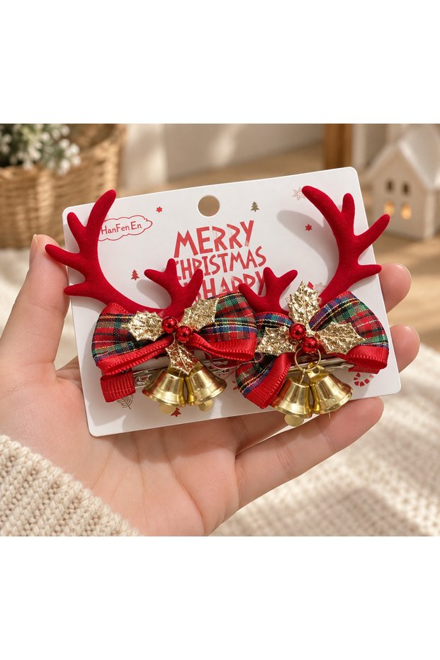 New Year's-Themed Girls' Hair Clips with Reindeer Antler Designs, Set of 2 Buckled Variants