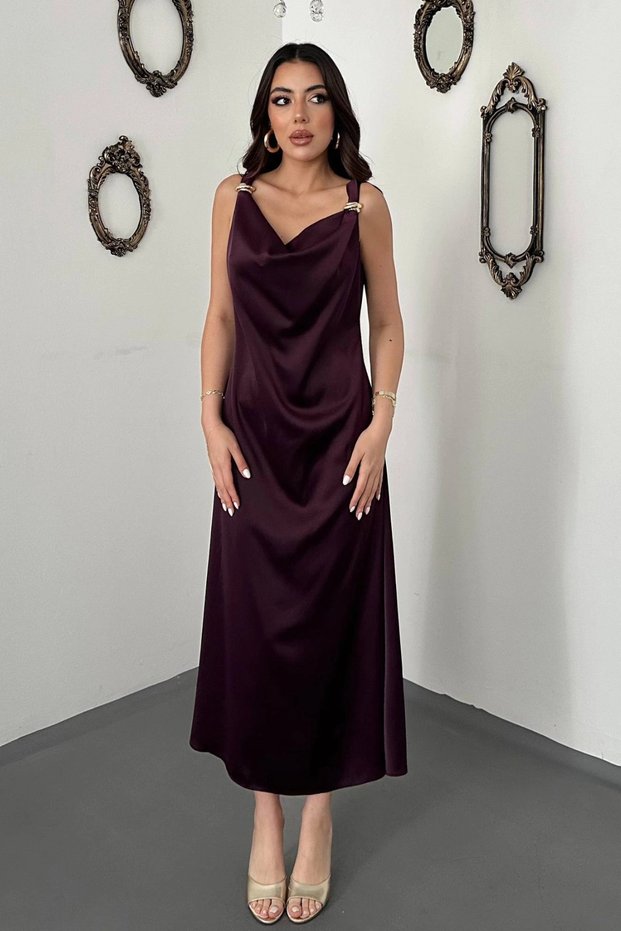 Women's Plum-Colored, Drapey, Cowl Neckline, Buckled Satin Dress
